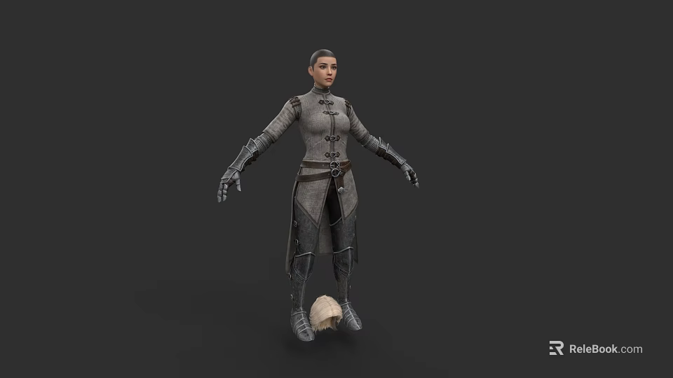 A Woman In Gray Traditional Robe With Mandarin Collar Belt Gloves And Skull 3d model 