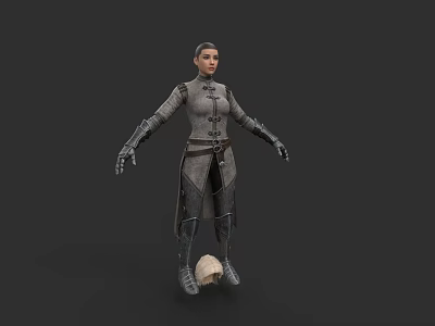 A Woman In Gray Traditional Robe With Mandarin Collar Belt Gloves And Skull 3d model