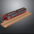 Red Model Train With Two Carriages And Dark Roof On Orange Platform