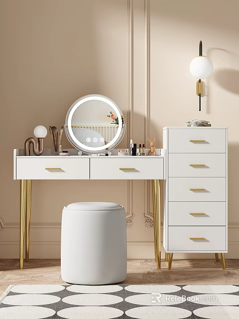 White Vanity Table with Gold Legs Round Mirror Drawer Cabinet Cosmetics Stool and Decorative Wall 3d model 