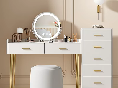 White Vanity Table with Gold Legs Round Mirror Drawer Cabinet Cosmetics Stool and Decorative Wall 3d model