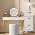 White Vanity Table with Gold Legs Round Mirror Drawer Cabinet Cosmetics Stool and Decorative Wall