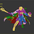 Fantasy Woman in Green Armor and Cloak Crouching with Blue Crystal Staff and Magic Orb