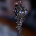 Game Movie Character in Red Black Camouflage Armor with Blue Accents Helmet and Visor