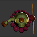Cartoon Green Frog Character With Hat Number 6 On Forehead Pink Beads Gourd And Staff