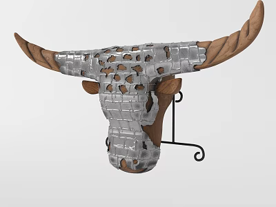 Hanging Metal Bull Skull Wall Decor With Wooden Carved Horns And Perforated Design 3d model