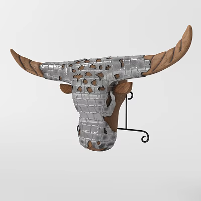 Hanging Metal Bull Skull Wall Decor With Wooden Carved Horns And Perforated Design 3d model