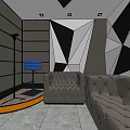 Modern KTV Lounge Interior With Geometric Wall Design Chandelier Gray Sofa And TV Screen
