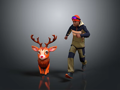 Running Scene With Runner In Red Goggles And Orange Deer 3d model
