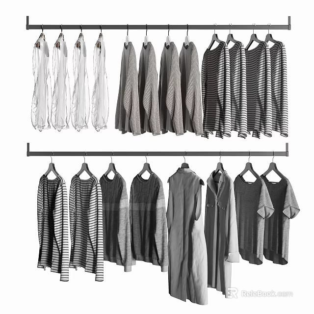 Clothes Hanging On Hangers Arranged In Rows With Various Styles And Stripes 3d model 