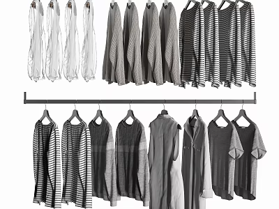 Clothes Hanging On Hangers Arranged In Rows With Various Styles And Stripes 3d model