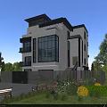 Modern Detached Villa With Large Glass Windows Three Story Design And Landscaped Garden Greenery