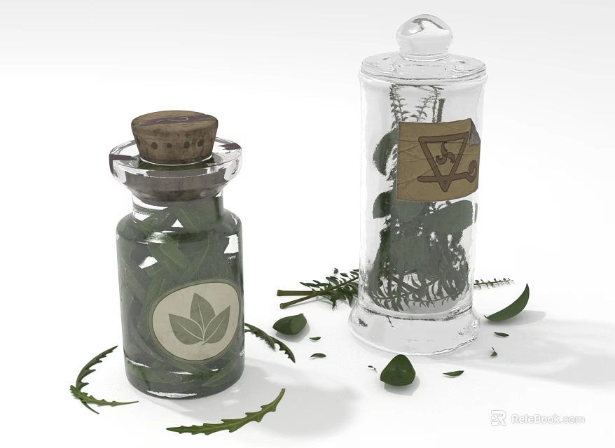 Two Glass Bottles Containing Green Herbs with Cork Stoppers Leaf Labels and Scattered Leaves 3d model 