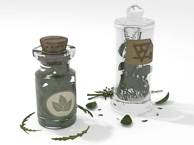 Two Glass Bottles Containing Green Herbs with Cork Stoppers Leaf Labels and Scattered Leaves 3d model