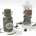 Two Glass Bottles Containing Green Herbs with Cork Stoppers Leaf Labels and Scattered Leaves