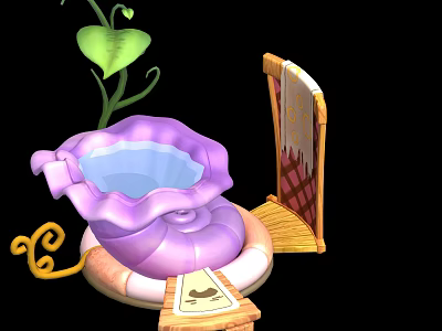 Cute Purple Shell Snail Resting By Blue Water With Green Vine And Wooden Scroll 3d model