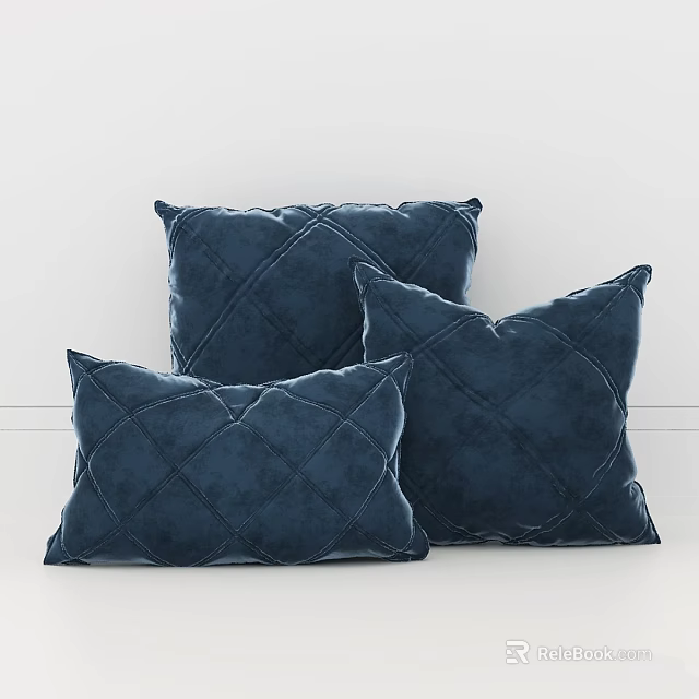 Blue Velvet Quilted Diamond Pattern Throw Pillows Set of Three for Home Decor 3d model 