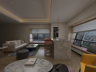Modern Living and Dining Room Interior With Marble Coffee Table Sofa And Bar Counter 3d model