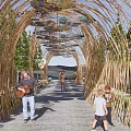 Bamboo Pergola Arched Structure With Golden Trees Surrounding Outdoor Area And People Walking Through