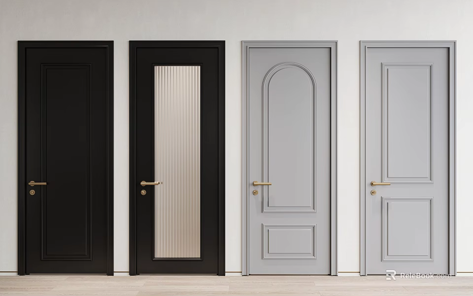 Hinged Doors In Black And Gray With Golden Handles Various Designs And Ribbed Glass 3d model 