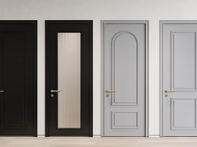 Hinged Doors In Black And Gray With Golden Handles Various Designs And Ribbed Glass 3d model