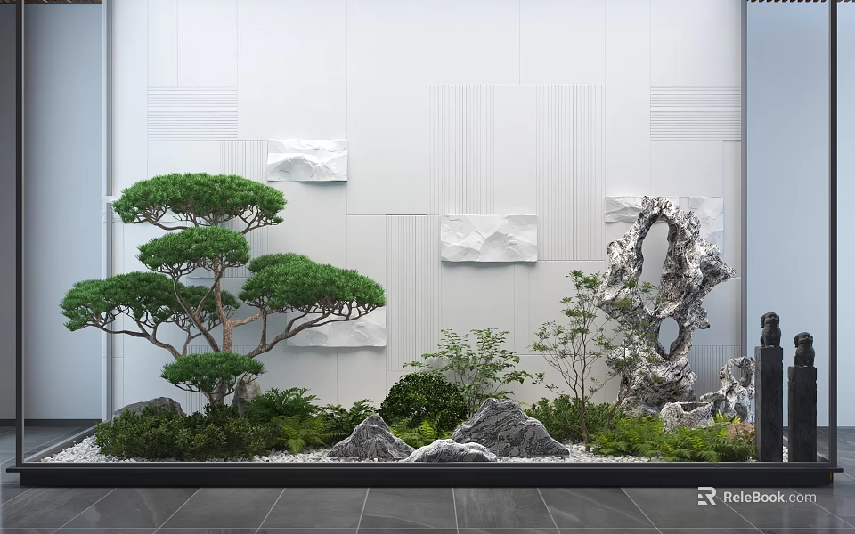 Indoor Landscape With Green Pine Tree Decorative Rocks And White Textured Wall 3d model 