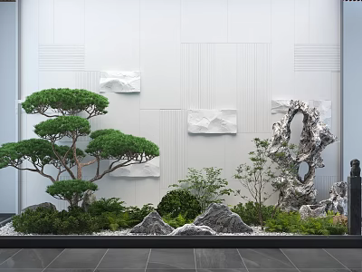 Indoor Landscape With Green Pine Tree Decorative Rocks And White Textured Wall 3d model