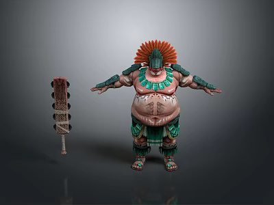 Mythical Character With Plump Body Feathered Headdress Green Red Ornaments Traditional Attire and Ornate Staff 3d model
