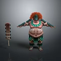 Mythical Character With Plump Body Feathered Headdress Green Red Ornaments Traditional Attire and Ornate Staff