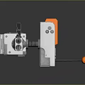 Silver Mechanical Robot With Cube Body Articulated Arms And Orange Components On Reflective Surface