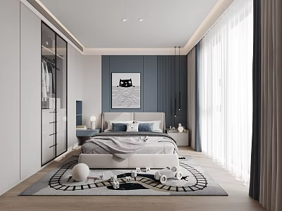 Modern Kids Bedroom Interior Design With Blue Walls White Bed Rug Toys Wardrobe And Curtains 3d model