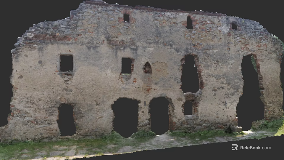 Rustic Garden Landscape Featuring Old Stone Wall With Windows Holes And Stone Path 3d model