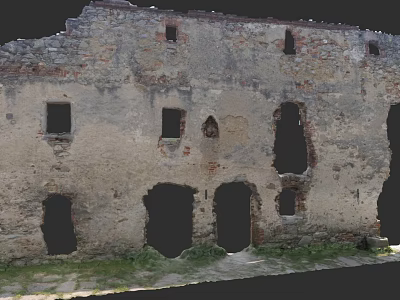 Rustic Garden Landscape Featuring Old Stone Wall With Windows Holes And Stone Path 3d model