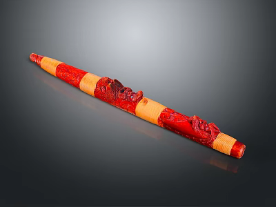 Intricate Hand Carved Sculpture Featuring Red And Yellow Stripes With Dragon Designs 3d model