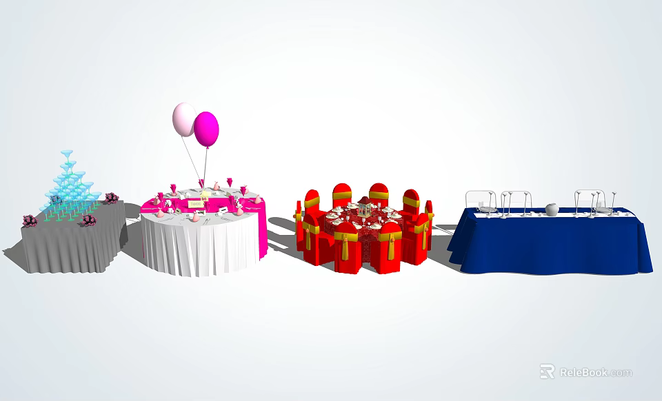 Dining Table Combination Featuring White Pink Tablecloths Red Chairs And Balloon Decorations 3d model
