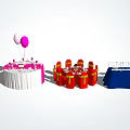 Dining Table Combination Featuring White Pink Tablecloths Red Chairs And Balloon Decorations 3d model