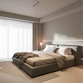 Modern Bedroom Interior Design With Cozy Bed Nightstand Lamp Soft Curtains And Area Rug