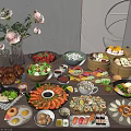 Assorted Delicious Food Spread With Grilled Chicken Fresh Shrimp Sushi Vegetables Fruits And Floral Decoration