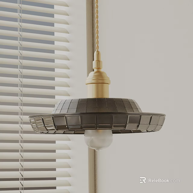 Modern Pendant Light With Golden Top And Black Lampshade By Window Blinds 3d model 