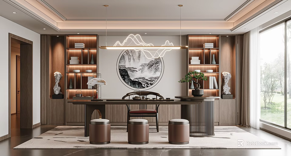 Elegant Tea Room Interior With Circular Mountain Painting Wooden Bookshelves Tea Sets And Pendant Lights 3d model 