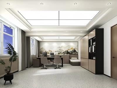 Modern Office Interior With Landscape Mural Desk Chair Sofa Plant And Windows 3d model