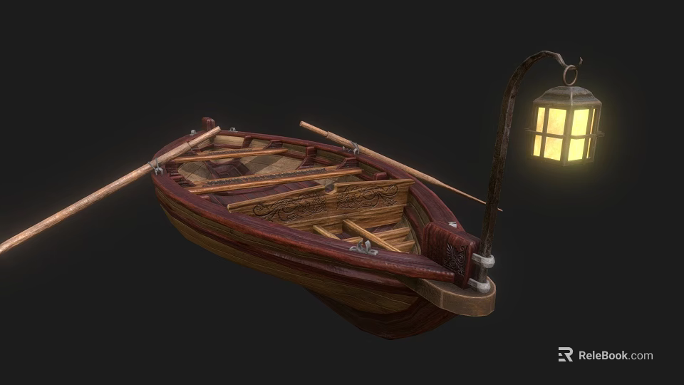 Vintage Wooden Sailboat With Oars Hanging Lit Lantern And Dark Background 3d model 