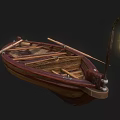 Vintage Wooden Sailboat With Oars Hanging Lit Lantern And Dark Background