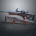Two Tactical Sniper Rifles With Metallic Finish Orange Accents And Sniper Scopes