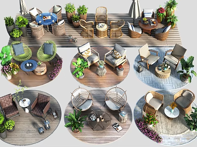 Stylish Outdoor Table Setup With Wicker Chairs Sofas And Green Plants In Patio 3d model