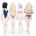 Anime Style Women in Bikini Outfits with Different Hairstyles and Poses