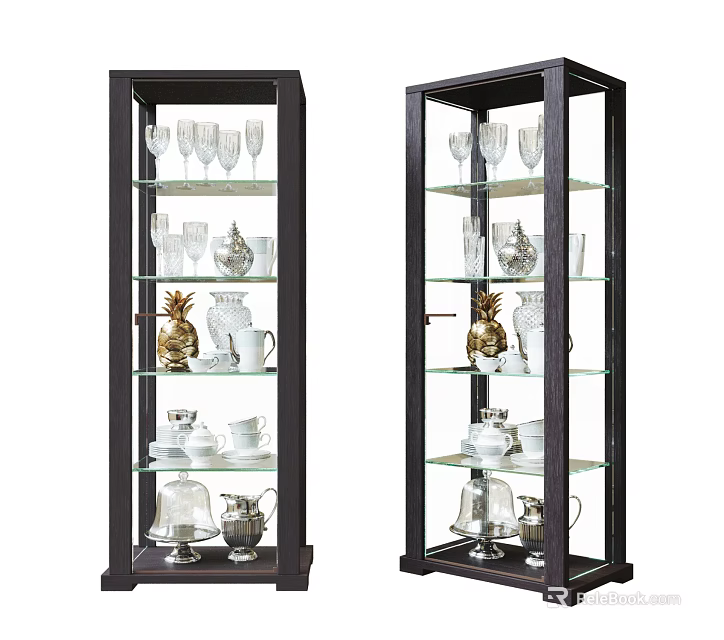 Black Frame Sideboard With Glass Doors Shelves And Decorative Tableware Wine Glasses Teapots 3d model 