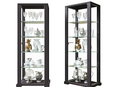 Black Frame Sideboard With Glass Doors Shelves And Decorative Tableware Wine Glasses Teapots 3d model