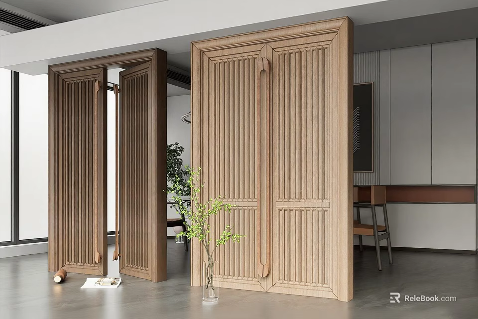 Modern Wooden Double Doors With Vertical Slats In Interior Space With Potted Plant And Mirror 3d model 