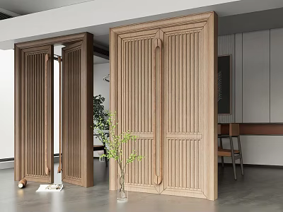 Modern Wooden Double Doors With Vertical Slats In Interior Space With Potted Plant And Mirror 3d model